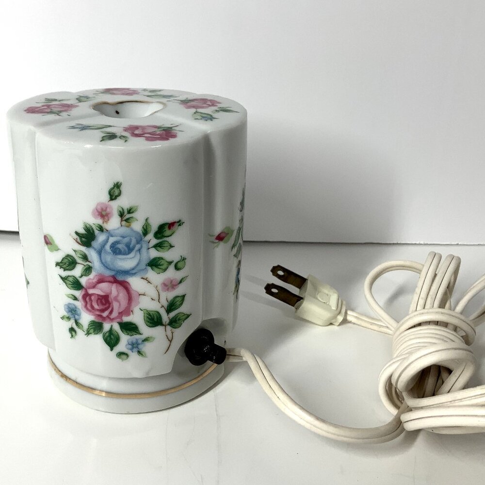 1930s Irice Porcelain Perfume Lamp Night Light Hand Painted Pink And Blue Roses